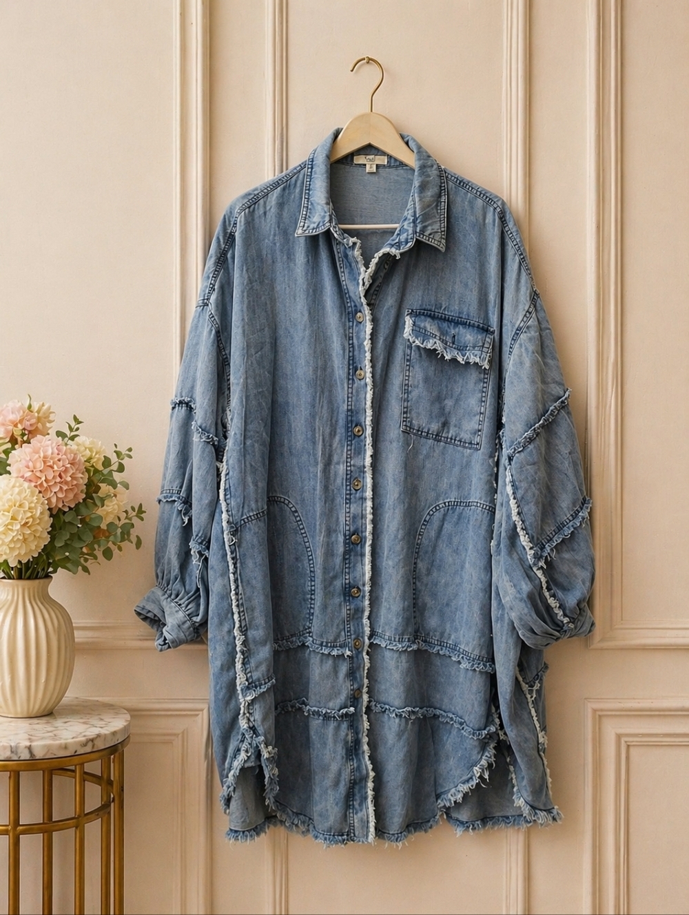 easel Washed Denim Midi Shirt Dress in Light Blue